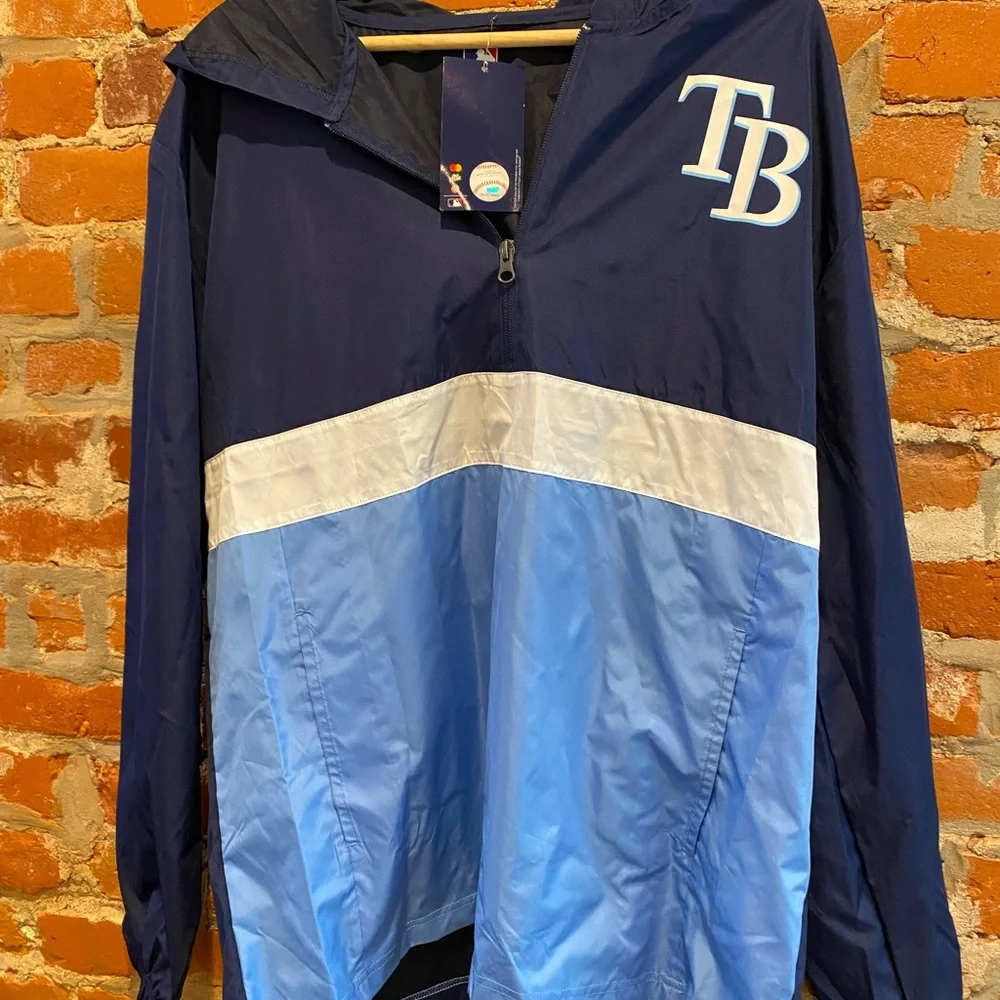 New Tampa Bay Navy and Light Blue Windbreaker. Size Large